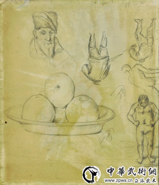  塞尚，《纸上研究：有苹果的静物；弗尔南多·纳瓦雷特肖像；浴者和其他人物》1873-77年